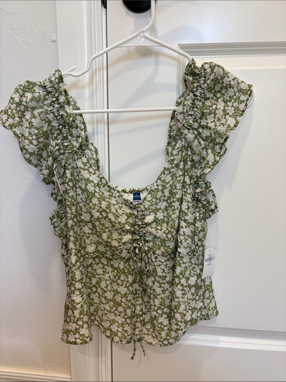 Old Navy Green and White Floral Ruffle Tie-Front Top